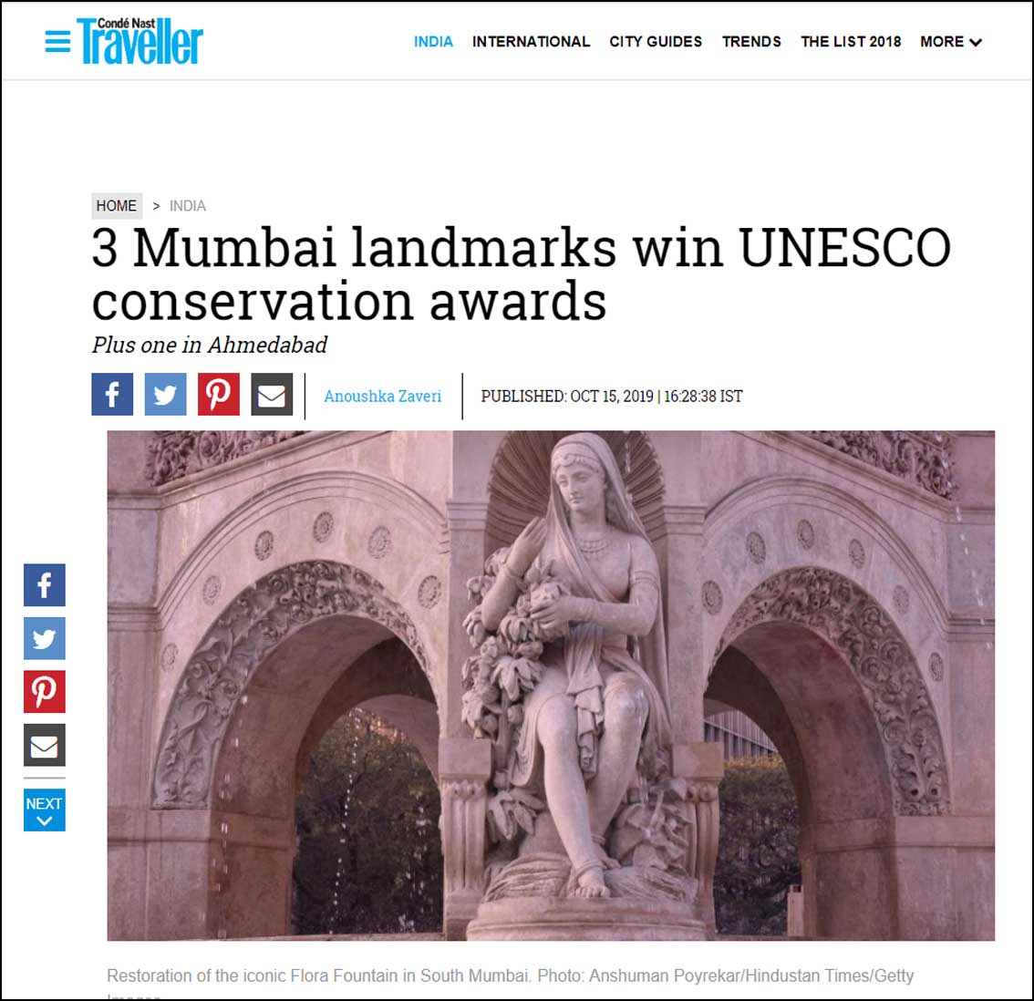 Three Mumbai landmarks win UNESCO Conservation awards, Conde Nast Travller - October 2019